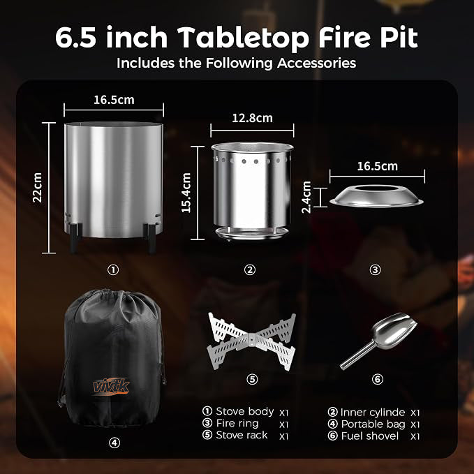 OUTDOORS 6.5inch Round Stainless Steel Metal Tabletop Fire Pit - Portable Smokeless Outdoor Fire Pit for Patio, Wood-Burning with Storage Bag