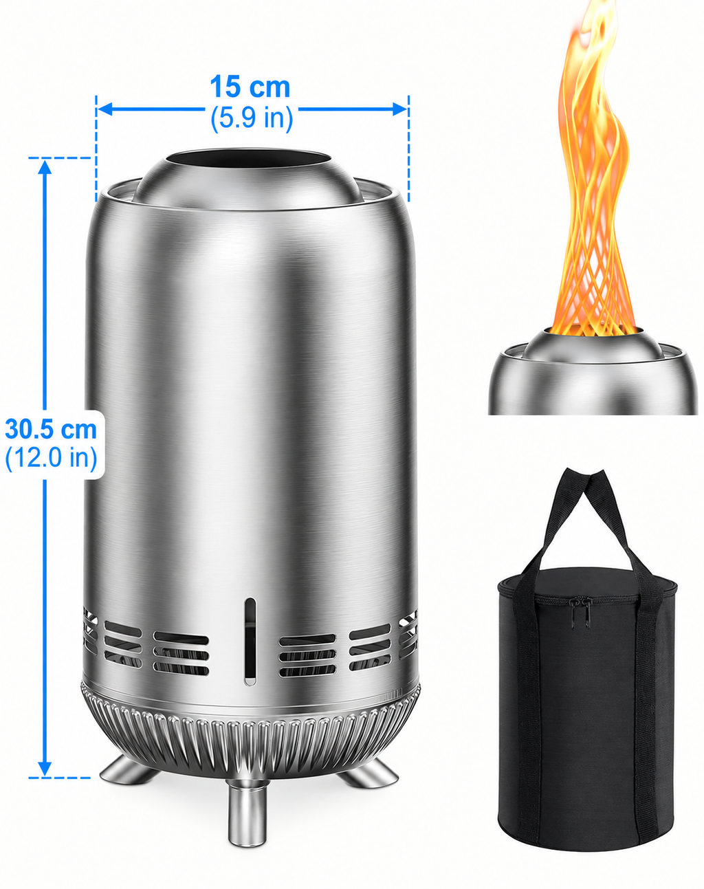 OUTDOORS 6.5inch Round Stainless Steel Metal Tabletop Fire Pit - Portable Smokeless Outdoor Fire Pit for Patio, Wood-Burning with Storage Bag