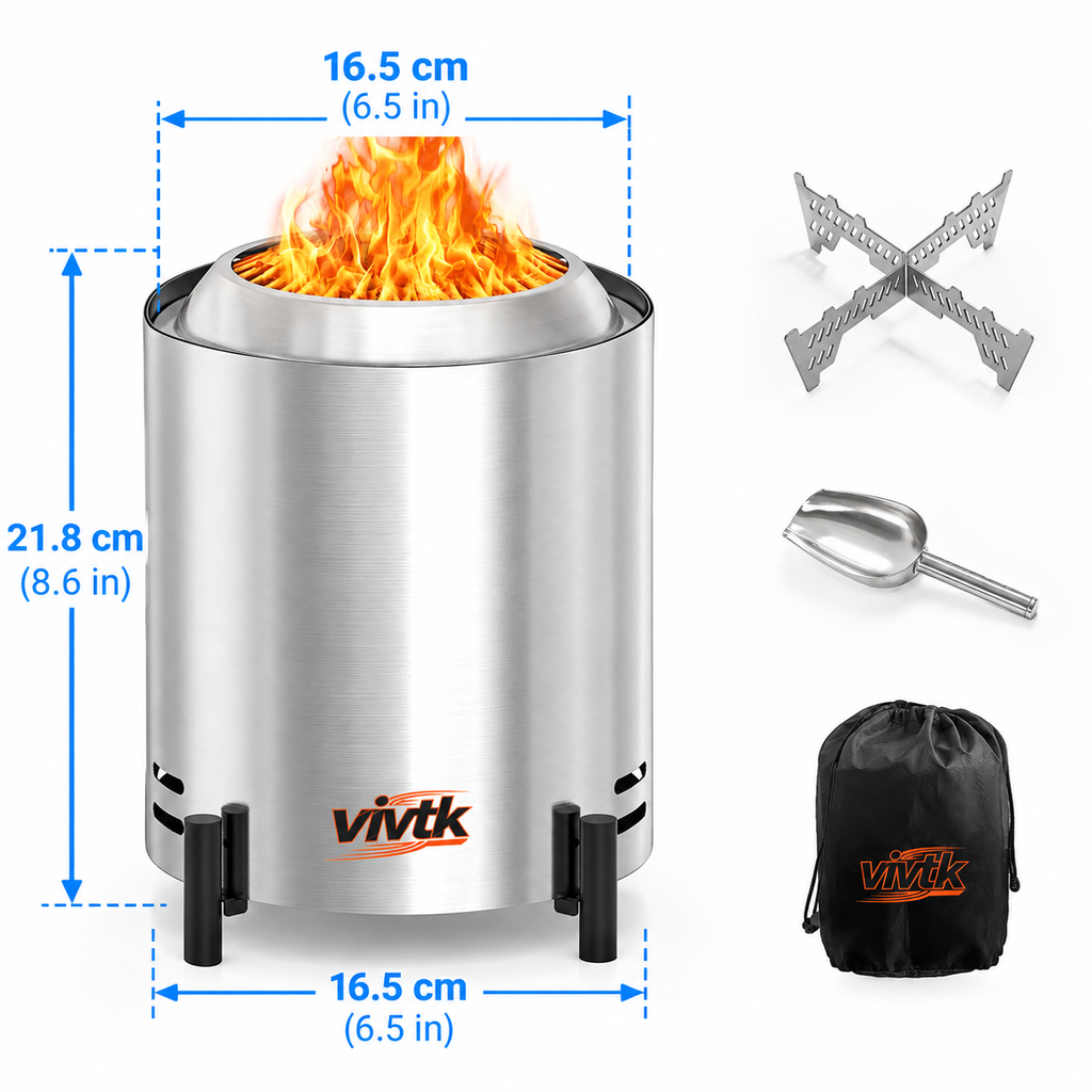 OUTDOORS 6.5inch Round Stainless Steel Metal Tabletop Fire Pit - Portable Smokeless Outdoor Fire Pit for Patio, Wood-Burning with Storage Bag