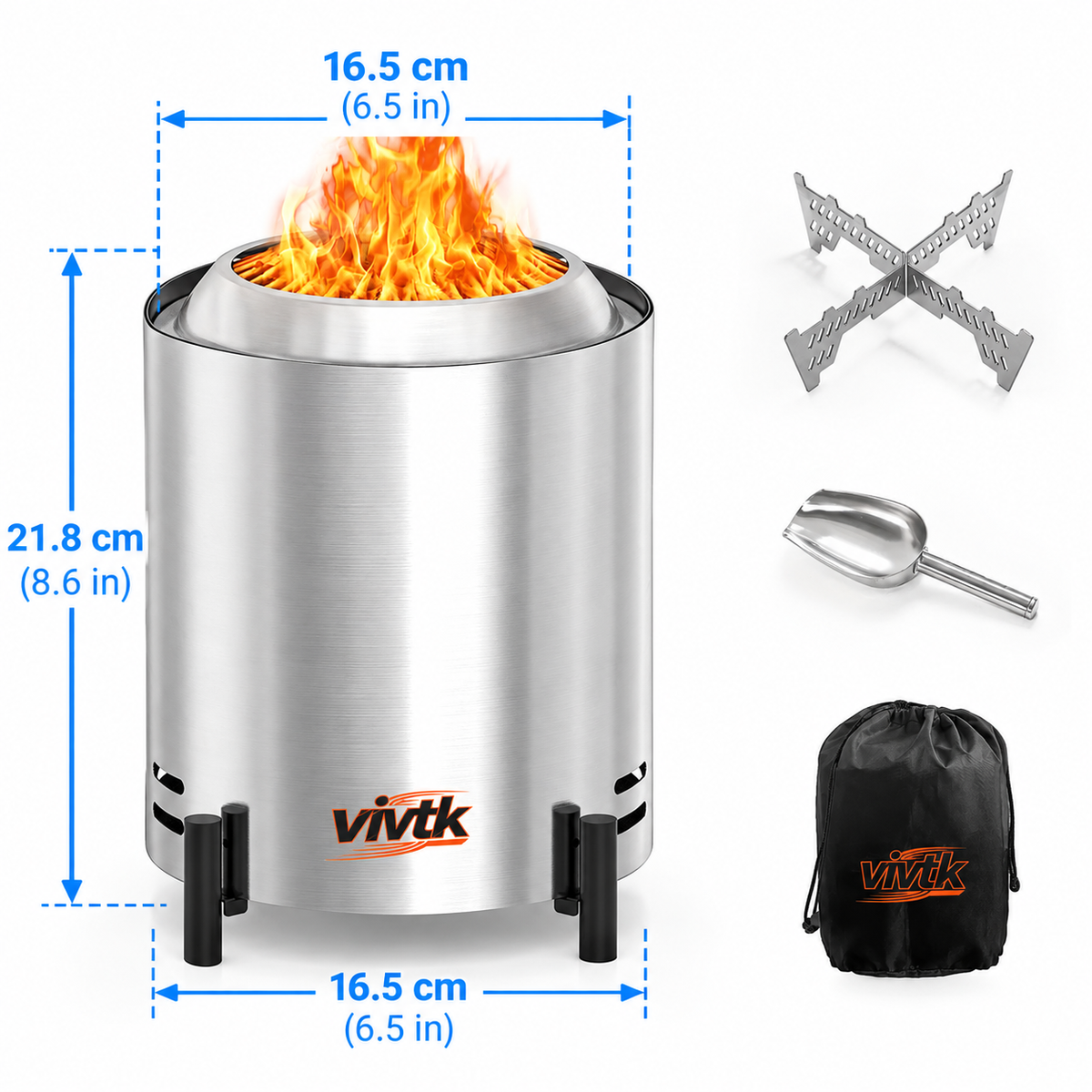OUTDOORS 6.5inch Round Stainless Steel Metal Tabletop Fire Pit - Portable Smokeless Outdoor Fire Pit for Patio, Wood-Burning with Storage Bag